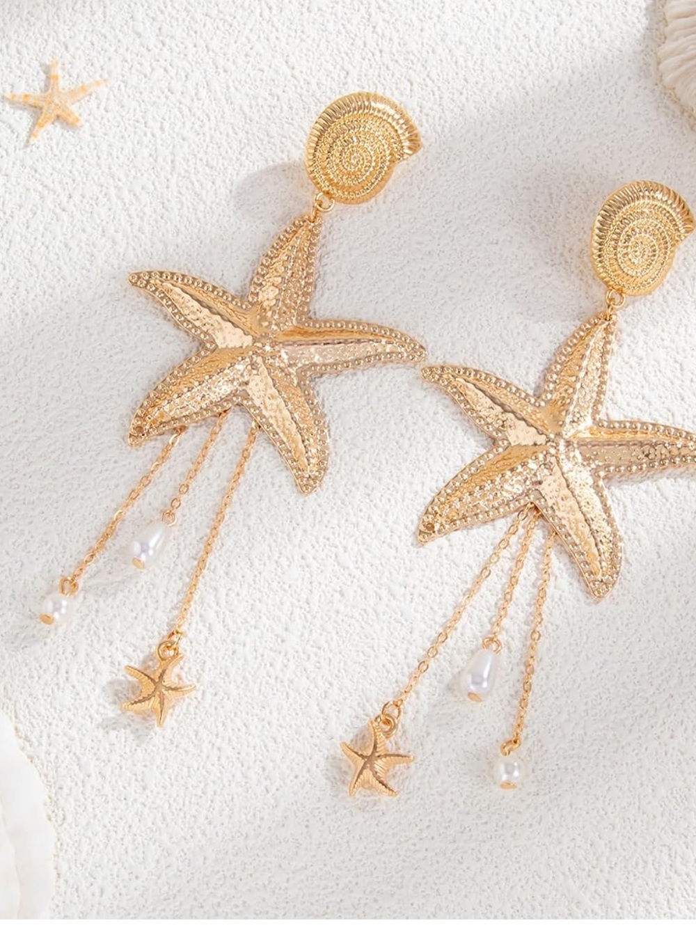 Anthropologie Gold Starfish Drop Earrings with Pearl and Chain Charms - Picture 2 of 5